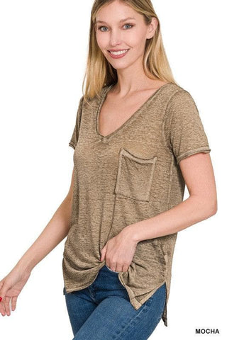 ZENANA Washed Melange Burnout Scoop V-Neck Top - SwagglyLife Home & Fashion