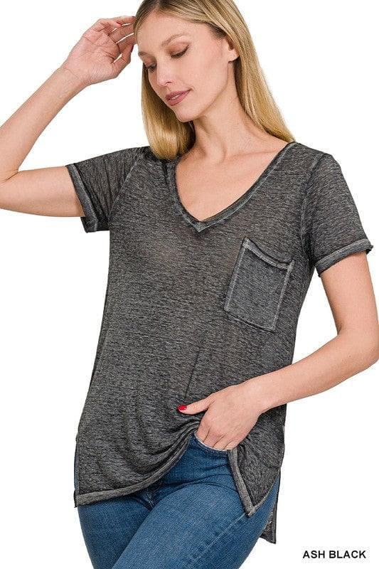 ZENANA Washed Melange Burnout Scoop V-Neck Top - SwagglyLife Home & Fashion