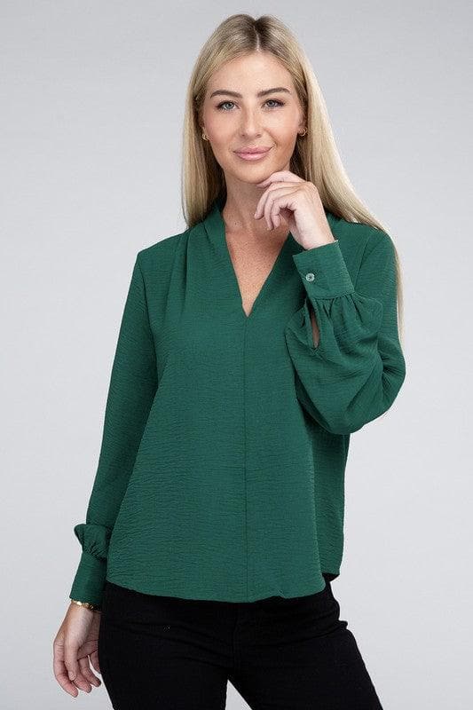 ZENANA Woven Airflow V-Neck Long Sleeve Top - SwagglyLife Home & Fashion