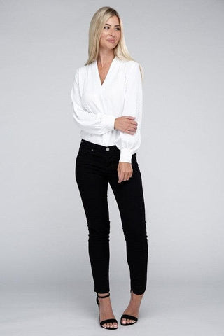 ZENANA Woven Airflow V-Neck Long Sleeve Top - SwagglyLife Home & Fashion