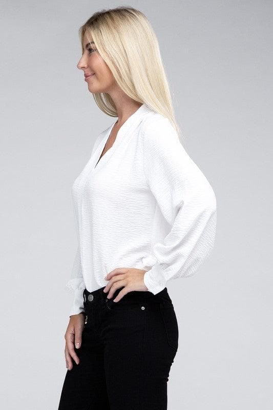 ZENANA Woven Airflow V-Neck Long Sleeve Top - SwagglyLife Home & Fashion