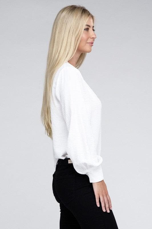 ZENANA Woven Airflow V-Neck Long Sleeve Top - SwagglyLife Home & Fashion