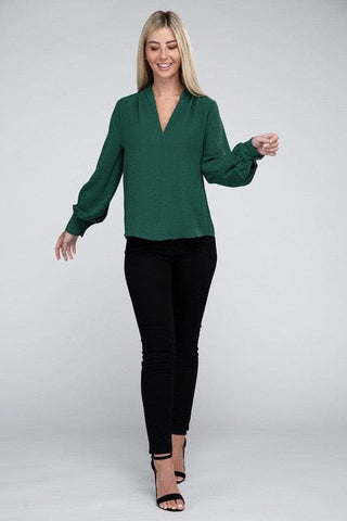 ZENANA Woven Airflow V-Neck Long Sleeve Top - SwagglyLife Home & Fashion