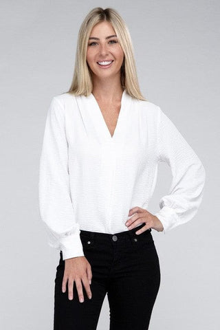 ZENANA Woven Airflow V-Neck Long Sleeve Top - SwagglyLife Home & Fashion