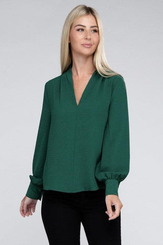 ZENANA Woven Airflow V-Neck Long Sleeve Top - SwagglyLife Home & Fashion