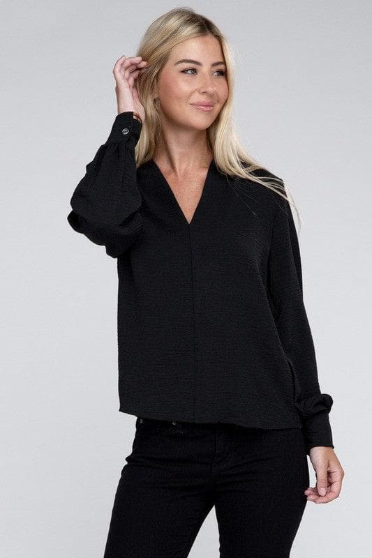 ZENANA Woven Airflow V-Neck Long Sleeve Top - SwagglyLife Home & Fashion