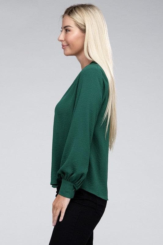 ZENANA Woven Airflow V-Neck Long Sleeve Top - SwagglyLife Home & Fashion