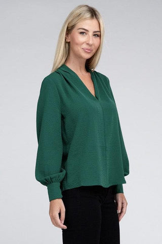 ZENANA Woven Airflow V-Neck Long Sleeve Top - SwagglyLife Home & Fashion