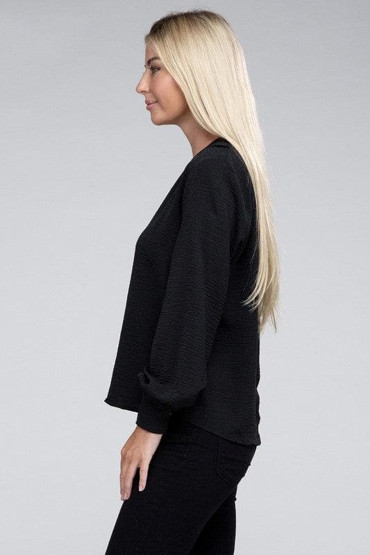 ZENANA Woven Airflow V-Neck Long Sleeve Top - SwagglyLife Home & Fashion