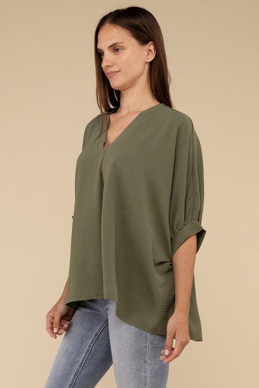 ZENANA Woven Airflow V-Neck Puff Half Sleeve Top - SwagglyLife Home & Fashion