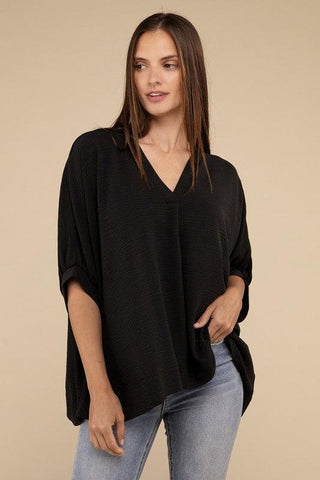 ZENANA Woven Airflow V-Neck Puff Half Sleeve Top - SwagglyLife Home & Fashion