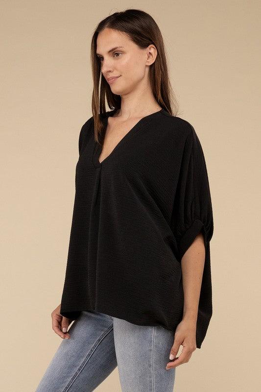ZENANA Woven Airflow V-Neck Puff Half Sleeve Top - SwagglyLife Home & Fashion