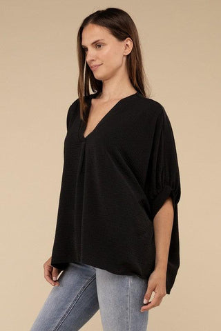 ZENANA Woven Airflow V-Neck Puff Half Sleeve Top - SwagglyLife Home & Fashion