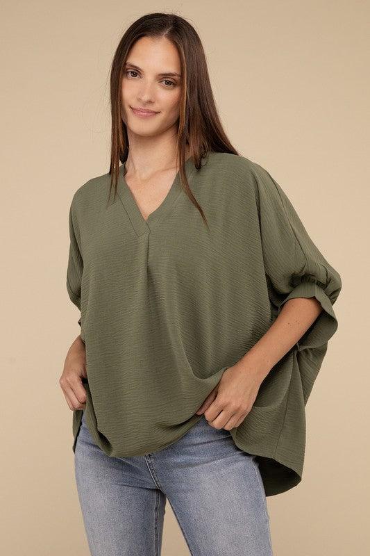 ZENANA Woven Airflow V-Neck Puff Half Sleeve Top - SwagglyLife Home & Fashion