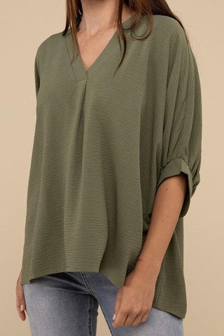 ZENANA Woven Airflow V-Neck Puff Half Sleeve Top - SwagglyLife Home & Fashion