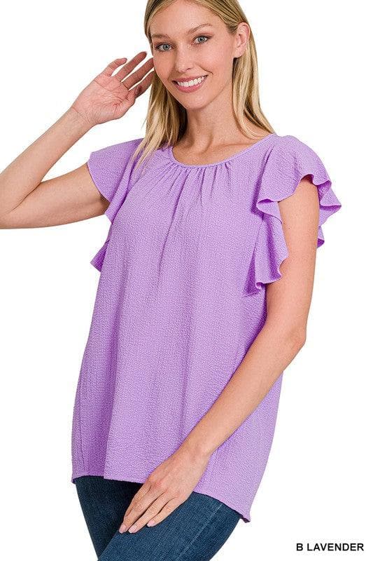 ZENANA Woven Bubble Airflow Flutter Sleeve Top - SwagglyLife Home & Fashion