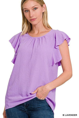 ZENANA Woven Bubble Airflow Flutter Sleeve Top - SwagglyLife Home & Fashion