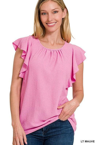 ZENANA Woven Bubble Airflow Flutter Sleeve Top - SwagglyLife Home & Fashion