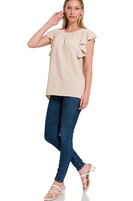 ZENANA Woven Bubble Airflow Flutter Sleeve Top - SwagglyLife Home & Fashion