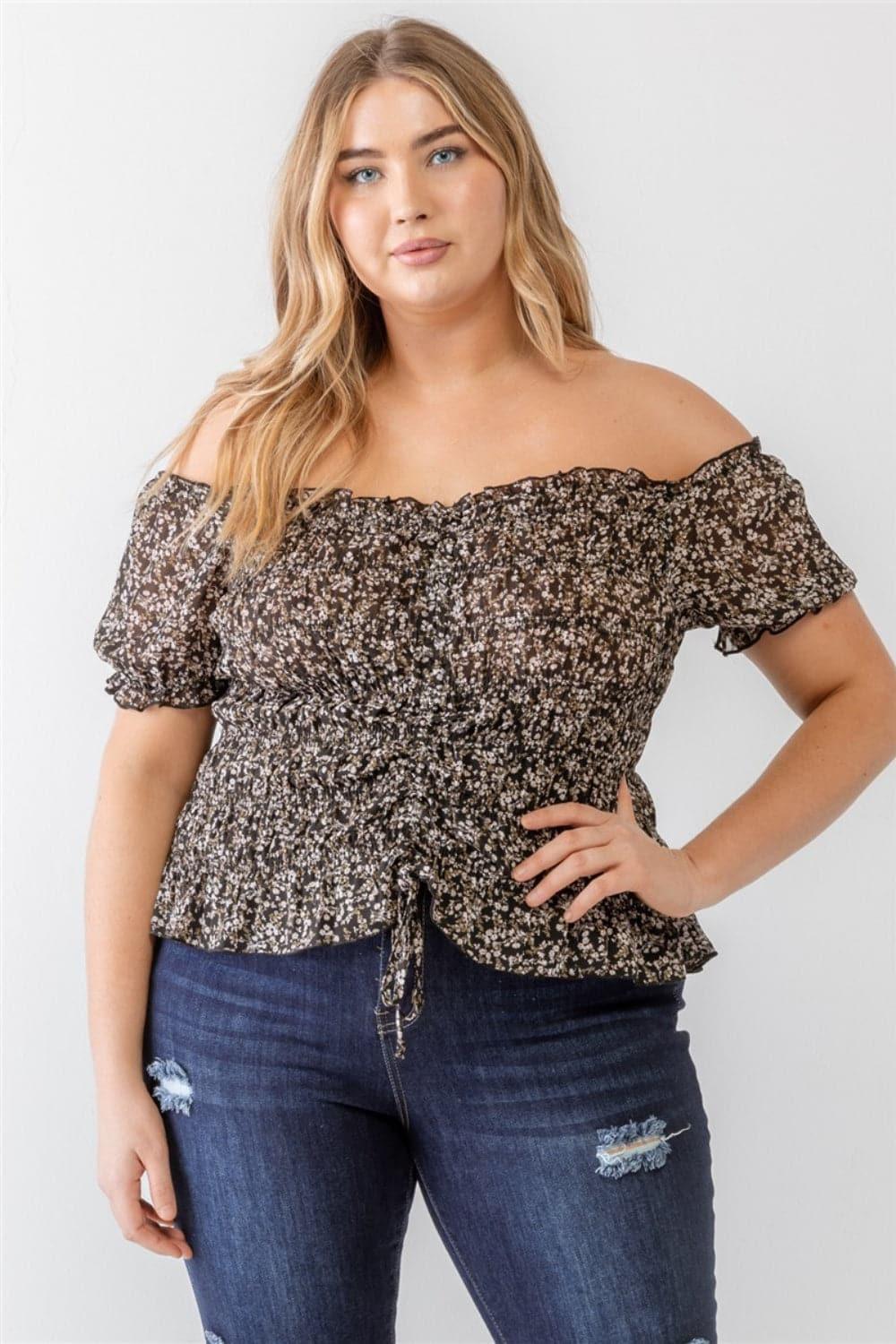 Zenobia Plus Size Frill Ruched Off-Shoulder Short Sleeve Blouse - SwagglyLife Home & Fashion