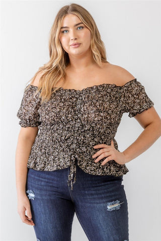 Zenobia Plus Size Frill Ruched Off-Shoulder Short Sleeve Blouse - SwagglyLife Home & Fashion