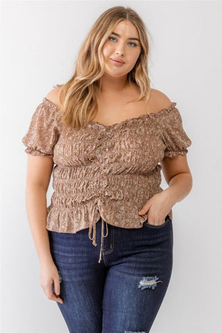 Zenobia Plus Size Frill Ruched Off-Shoulder Short Sleeve Blouse - SwagglyLife Home & Fashion