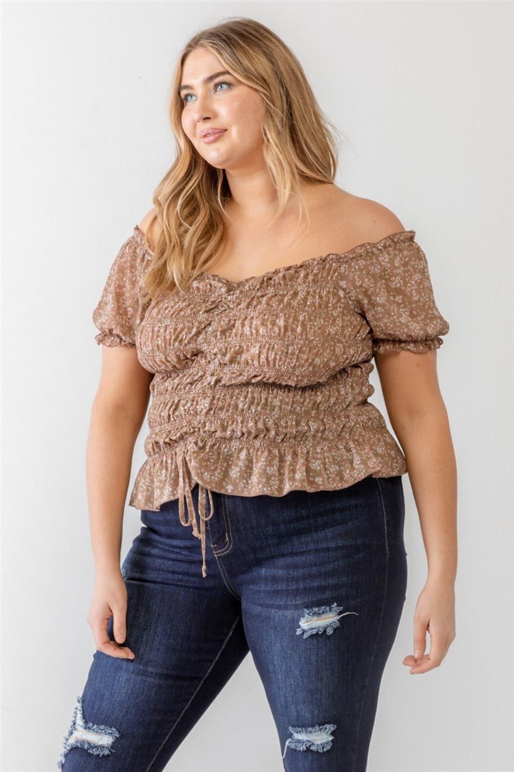 Zenobia Plus Size Frill Ruched Off-Shoulder Short Sleeve Blouse - SwagglyLife Home & Fashion