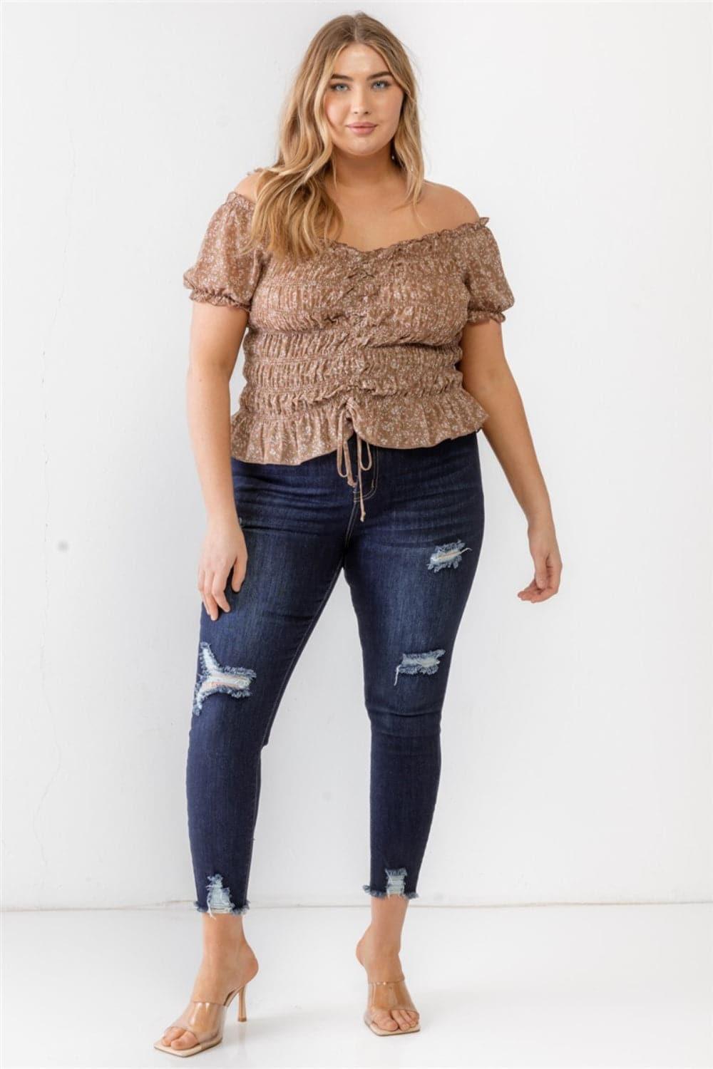 Zenobia Plus Size Frill Ruched Off-Shoulder Short Sleeve Blouse - SwagglyLife Home & Fashion