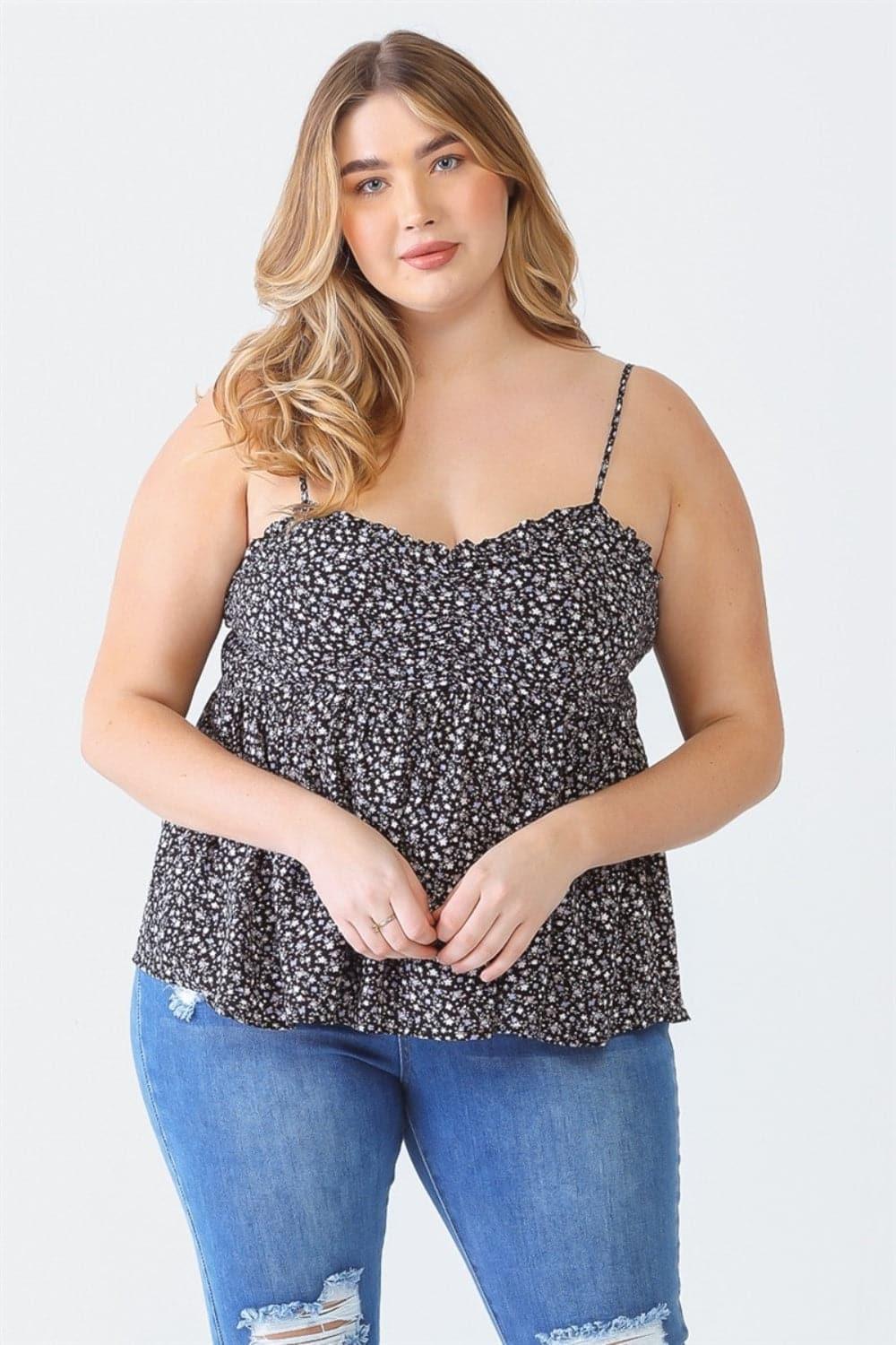 Zenobia Plus Size Frill Smocked Floral Sweetheart Neck Cami - SwagglyLife Home & Fashion