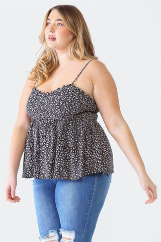 Zenobia Plus Size Frill Smocked Floral Sweetheart Neck Cami - SwagglyLife Home & Fashion