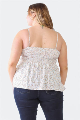 Zenobia Plus Size Frill Smocked Floral Sweetheart Neck Cami - SwagglyLife Home & Fashion