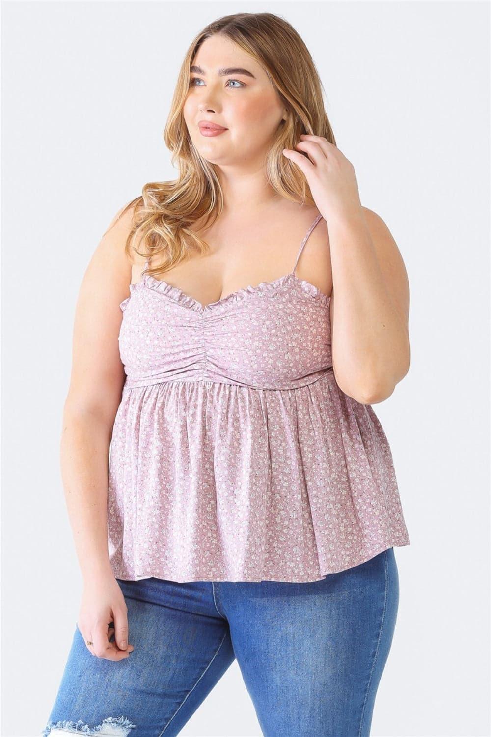 Zenobia Plus Size Frill Smocked Floral Sweetheart Neck Cami - SwagglyLife Home & Fashion