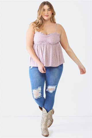 Zenobia Plus Size Frill Smocked Floral Sweetheart Neck Cami - SwagglyLife Home & Fashion