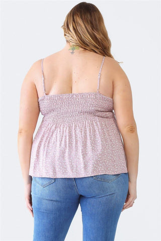 Zenobia Plus Size Frill Smocked Floral Sweetheart Neck Cami - SwagglyLife Home & Fashion