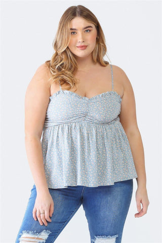 Zenobia Plus Size Frill Smocked Floral Sweetheart Neck Cami - SwagglyLife Home & Fashion