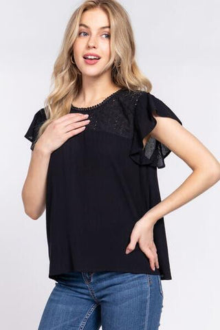 ACTIVE BASIC Ruffle Short Sleeve Crochet Blouse - SwagglyLife Home & Fashion