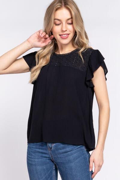 ACTIVE BASIC Ruffle Short Sleeve Crochet Blouse - SwagglyLife Home & Fashion