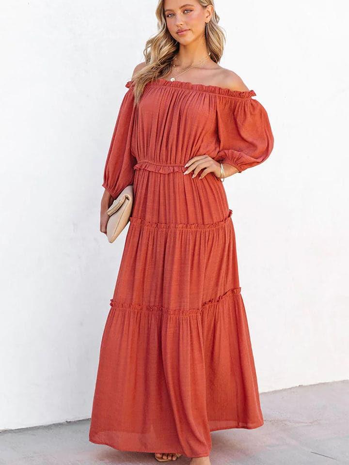 Adrianne Ruffle Trim Off Shoulder Long Sleeve Maxi Dress - SwagglyLife Home & Fashion