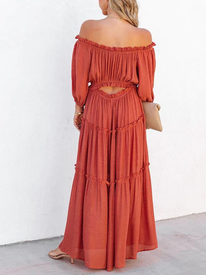 Adrianne Ruffle Trim Off Shoulder Long Sleeve Maxi Dress - SwagglyLife Home & Fashion