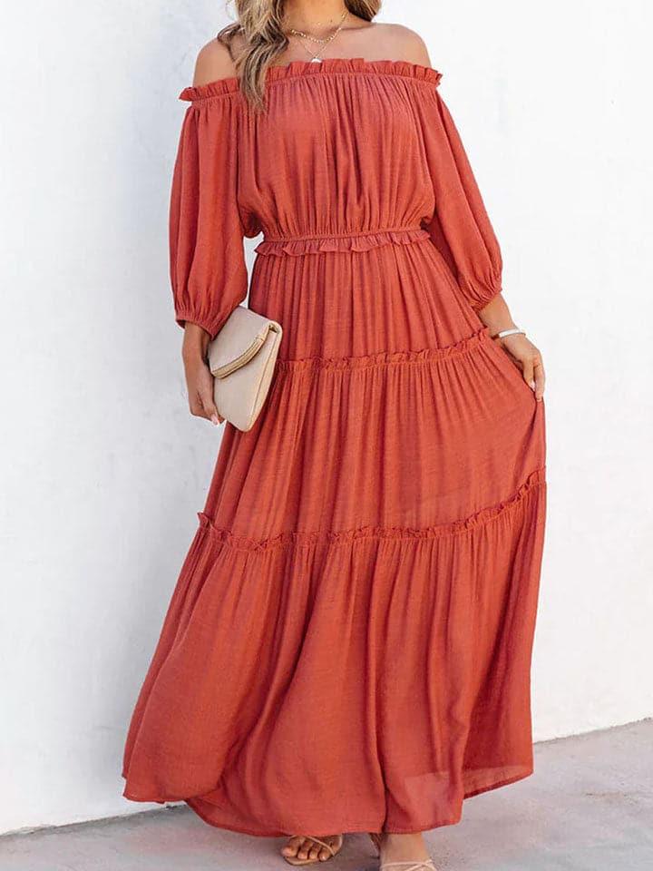 Adrianne Ruffle Trim Off Shoulder Long Sleeve Maxi Dress - SwagglyLife Home & Fashion