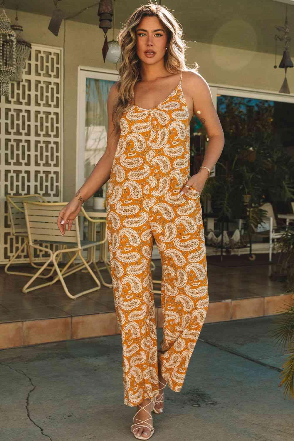 Alyssa Printed V-Neck Sleeveless Jumpsuit - SwagglyLife Home & Fashion