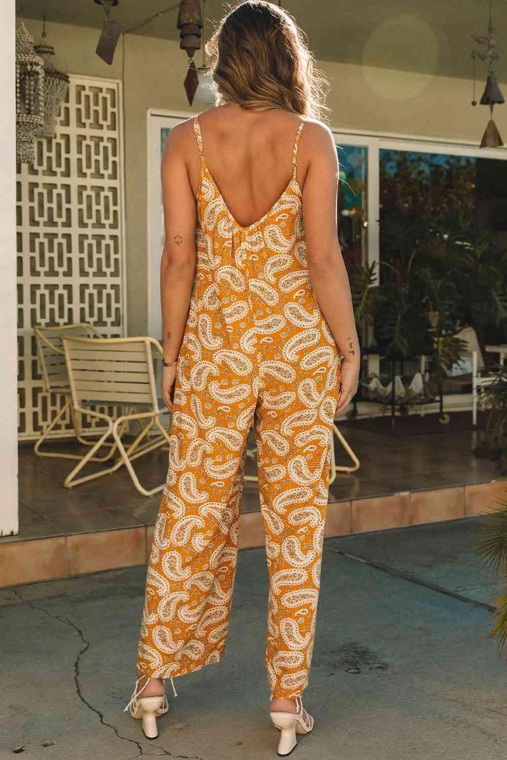 Alyssa Printed V-Neck Sleeveless Jumpsuit - SwagglyLife Home & Fashion