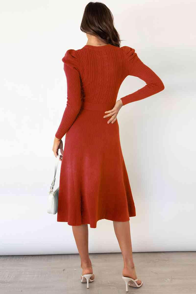 Amber Round Neck Long Sleeve Tie Waist Sweater Dress - SwagglyLife Home & Fashion