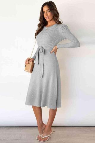 Amber Round Neck Long Sleeve Tie Waist Sweater Dress - SwagglyLife Home & Fashion