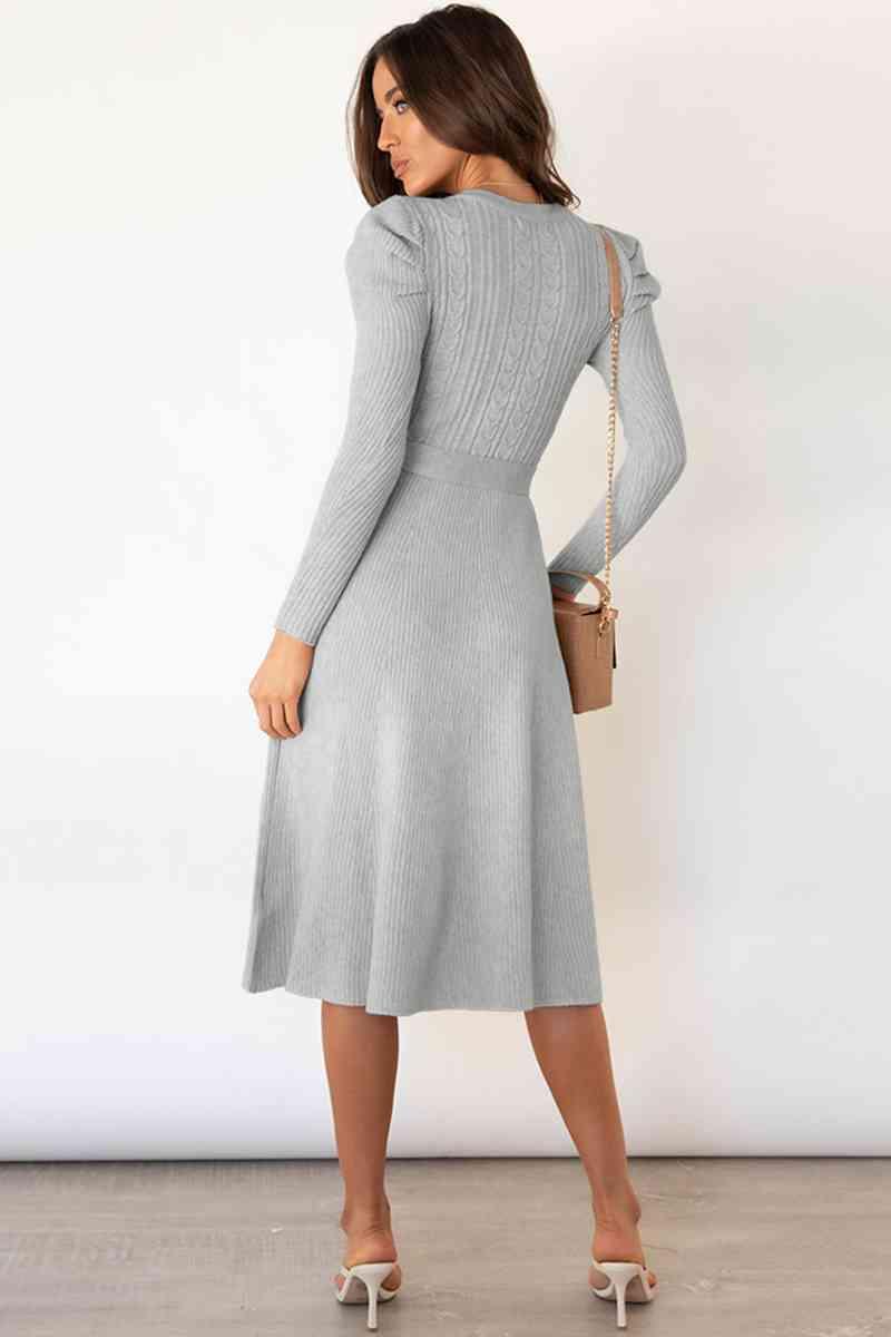 Amber Round Neck Long Sleeve Tie Waist Sweater Dress - SwagglyLife Home & Fashion