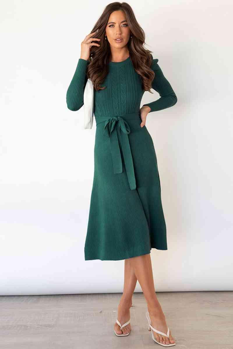 Amber Round Neck Long Sleeve Tie Waist Sweater Dress - SwagglyLife Home & Fashion