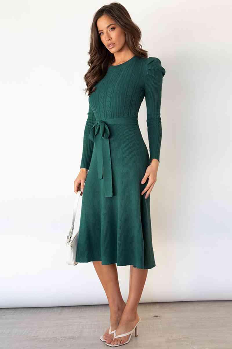 Amber Round Neck Long Sleeve Tie Waist Sweater Dress - SwagglyLife Home & Fashion