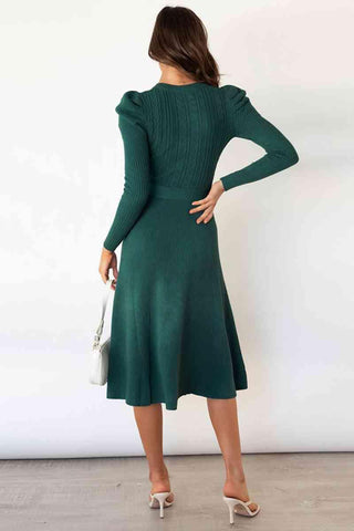 Amber Round Neck Long Sleeve Tie Waist Sweater Dress - SwagglyLife Home & Fashion