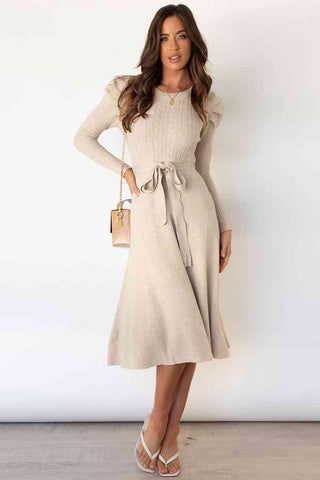 Amber Round Neck Long Sleeve Tie Waist Sweater Dress - SwagglyLife Home & Fashion