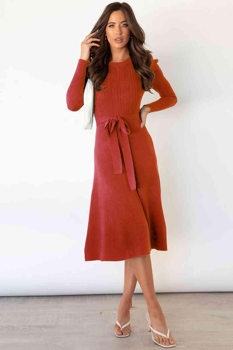 Amber Round Neck Long Sleeve Tie Waist Sweater Dress - SwagglyLife Home & Fashion